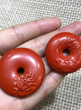 雕花平安扣吊坠和和美美富贵牡丹平安环圆款高含量朱砂平安坠