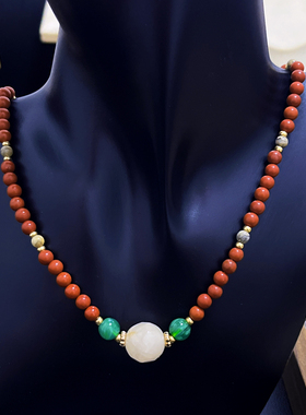 GUZI新中式复古高级感红色天然石圆珠切割6mm百搭项链小众设计女