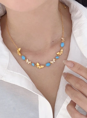 爆款复古精致时尚百搭锆石拉丝蝴蝶项链轻奢高级感锁骨链女