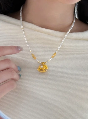 原创时尚可爱黄色滴油珐琅施家珍珠木马项链轻奢小众高级感锁骨链