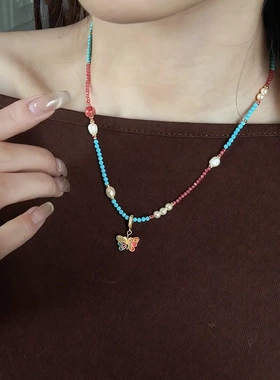 春夏小清新时尚气质百搭彩色滴油蝴蝶松石项链轻奢高级感锁骨链女