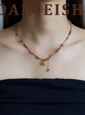 新款复古流苏虎眼石小象项链配饰女轻奢小众高级感编织串珠锁骨链