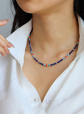 原创轻奢个性青金石夏季手工串珠项链女百搭高级感简约时尚锁骨链