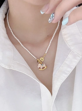 夏季时尚多巴胺彩色滴油ot扣木马施家珍珠项链轻奢高级感锁骨链