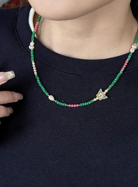 春夏森系时尚简约百搭淡水珍珠滴油蝴蝶串珠项链轻奢高级感锁骨链