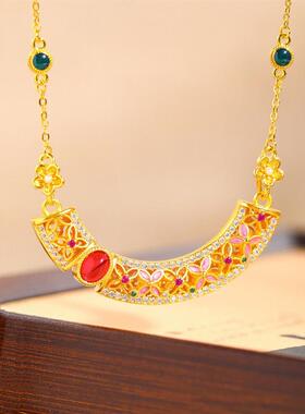 宫廷沙金项链古法黄金色桃花铃铛流苏吊坠烧蓝花朵琳琅彩锁骨链女