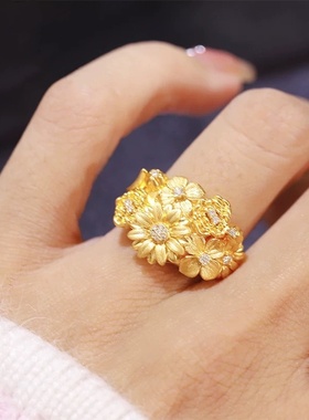 珠宝古法点钻镀金戒指镶嵌锆石复古繁花锦簇女款气质指环