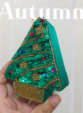 外贸出口手工串珠亮片可爱绿色圣诞树零钱收纳盒首饰盒圣诞礼物盒