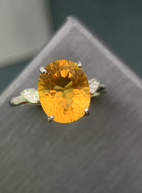 意大利设计天然黄水晶戒指S925银女士活口戒指精工镶嵌女士简单款