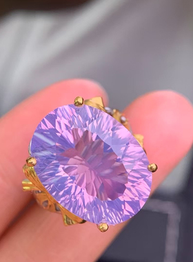 意大利纯手工天然巴西紫水晶S925银可调节鸡尾酒款式女戒指满火彩