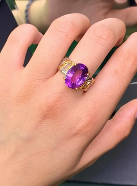 意大利设计款天然紫水晶戒指S925精工银女士活口戒指双层度金款
