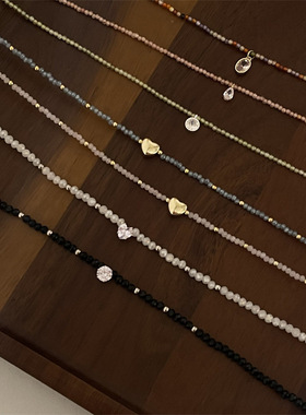 春夏新款及细切面水晶串珠项链 复古森系法式水滴锆石吊坠锁骨链