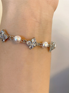 法式轻奢时尚温柔百搭锆石珍珠手链女超闪奢华轻奢高级感可抽拉手