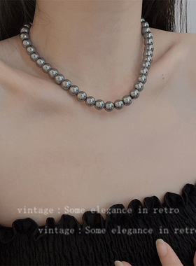 灰色正圆珍珠项链女轻奢气质爱心吊坠米珠长项链毛衣链高级感义乌