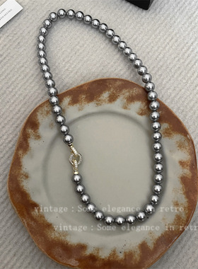 施家真多麻银灰澳白珍珠满钻环形扣气质毛衣链女轻高级脖颈链