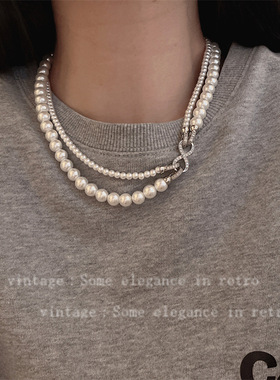 爆款秋冬轻奢气质白灰色珍珠双层叠戴可拆分复古简约小众毛衣项链