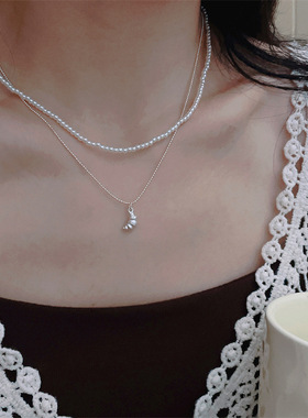 日韩简约海星双层珍珠项链女简约牛角包吊坠百搭小众叠戴锁骨链