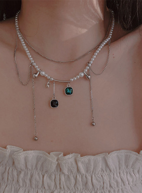 时尚椭圆锆石星星吊坠珍珠项链女气质高级感小众复古希腊项饰