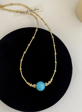 中古vintage蓝色圆珠吊坠项链女时尚高级感小众设计个性百搭颈链