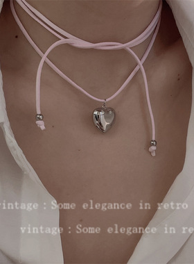 小众多种戴法可调节粉色蜡绳爱心项链女气质高级感ins风个性颈链
