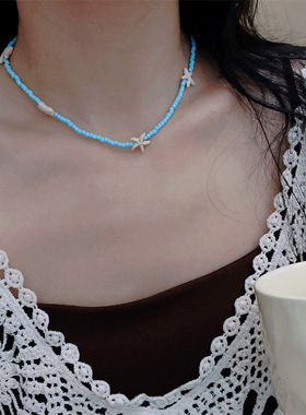 蓝色串珠海星项链锁骨链2025新款夏日沙滩度假风小众ins米珠配饰
