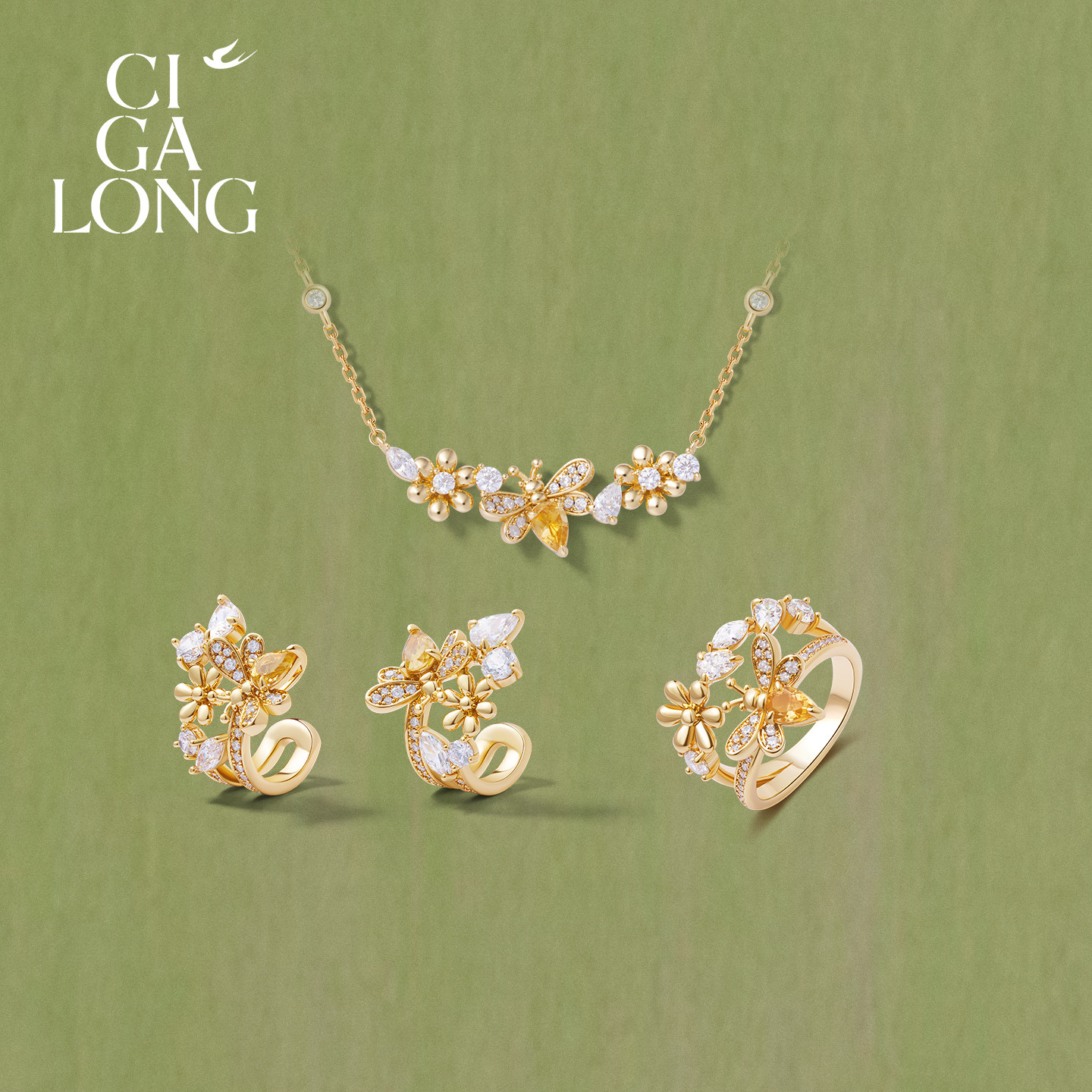 New product purchase coupons CIGALONG Long Zijia Bee Nectar Citrine Necklace Earrings Ring Chinese Jewelry