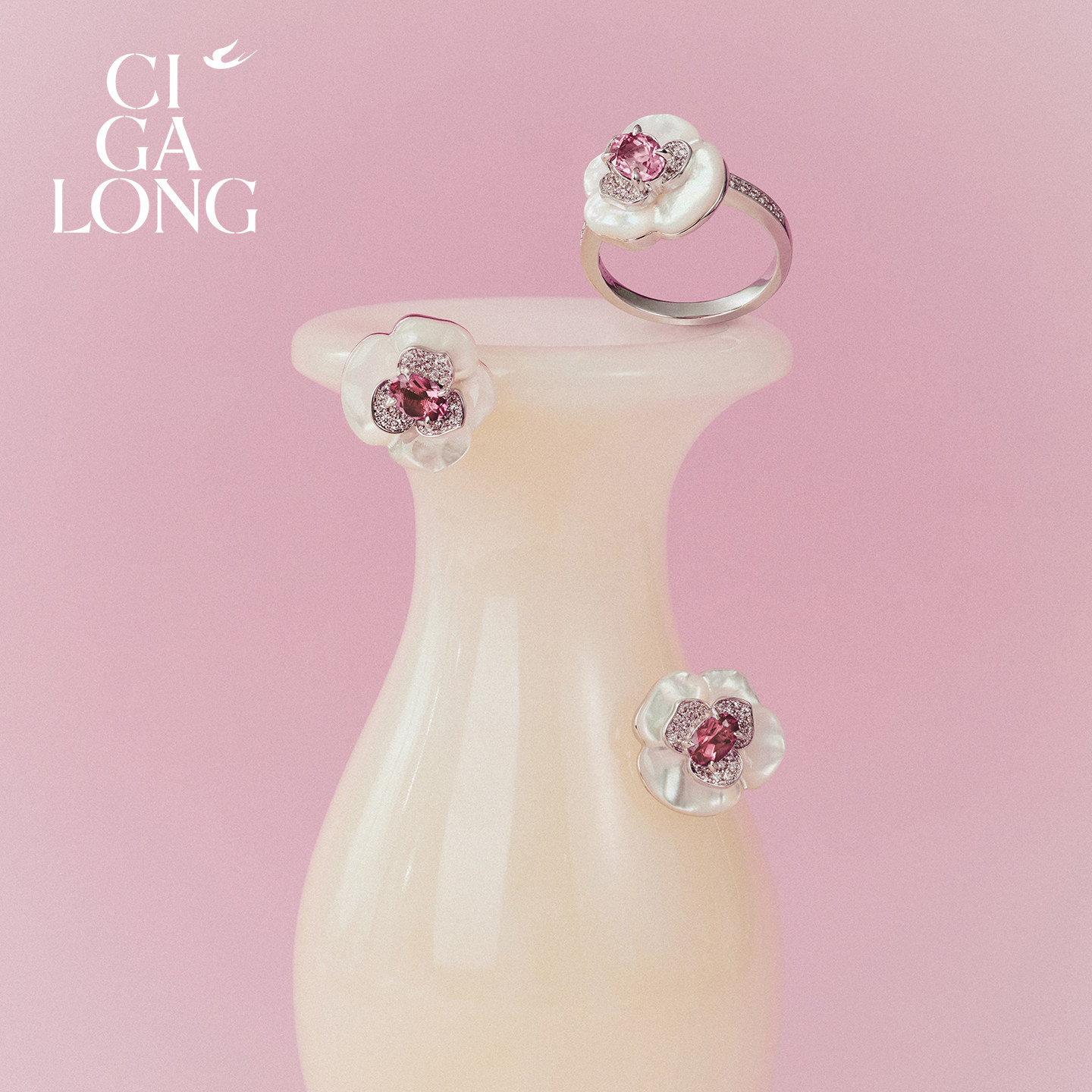CIGALONG ice blue camellia ring