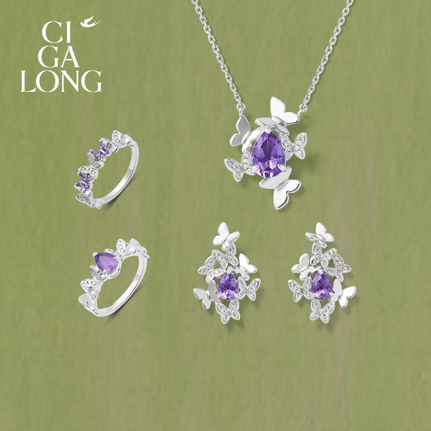 New product purchase coupons CIGALONG Long Zijia Butterfly Amethyst Necklace Earrings Ring Chinese Jewelry
