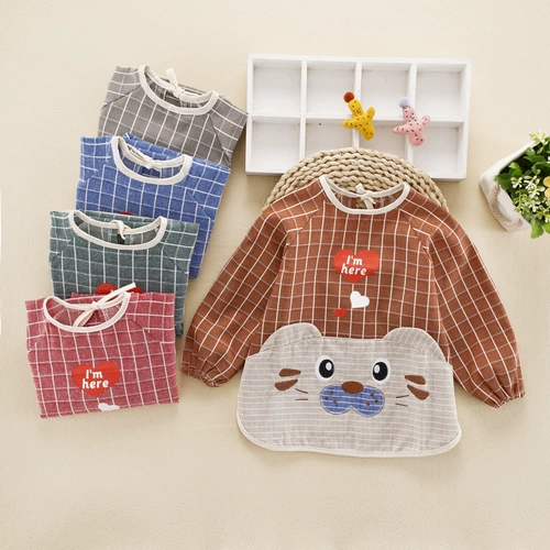 Тонкий детский нагрудник, демисезонный лонгслив для еды, водонепроницаемый фартук, из хлопка и льна, с карманом