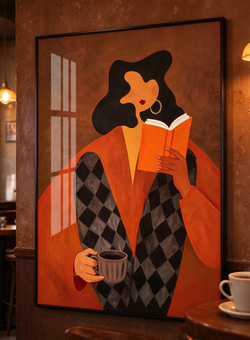 看书女子装饰画咖啡店餐厅莫兰迪暖棕抽象人物挂画餐厅书房壁画