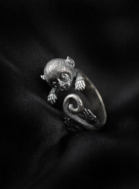 千叶新款小众原创设计萌宠猴子泰银戒指手工制作男女银开口可调节