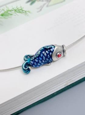 纯银年年有余鱼弯管项链女项圈锁骨复古风绘琅锦鲤鱼吊坠