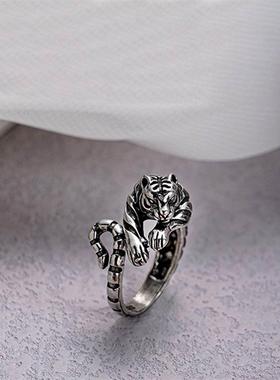 小老虎纯银开口戒指男女新款国潮个性复古生肖尾戒戒指ins小众高