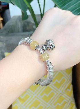 原创设计纯银手链女天然发晶水晶单圈手串民族风钱袋银饰现货