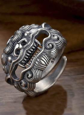 信琴张嘴狂吃貔貅纯银戒指貔貅复古男戒霸气个性开口指环