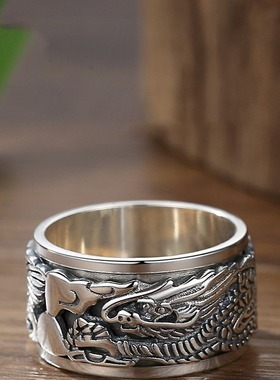 扳指男款大拇指纯银戒指男祥龙旋转复古个性男士宽面霸气指环