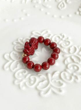 天然朱砂戒指朱砂貔貅指环女食指戒手工设计款