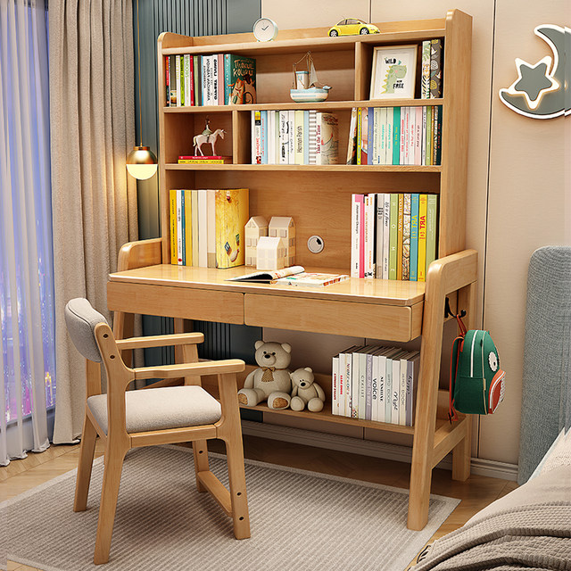 Solid Wood Bookshelf Integrated Table Kids's Study Desk Home