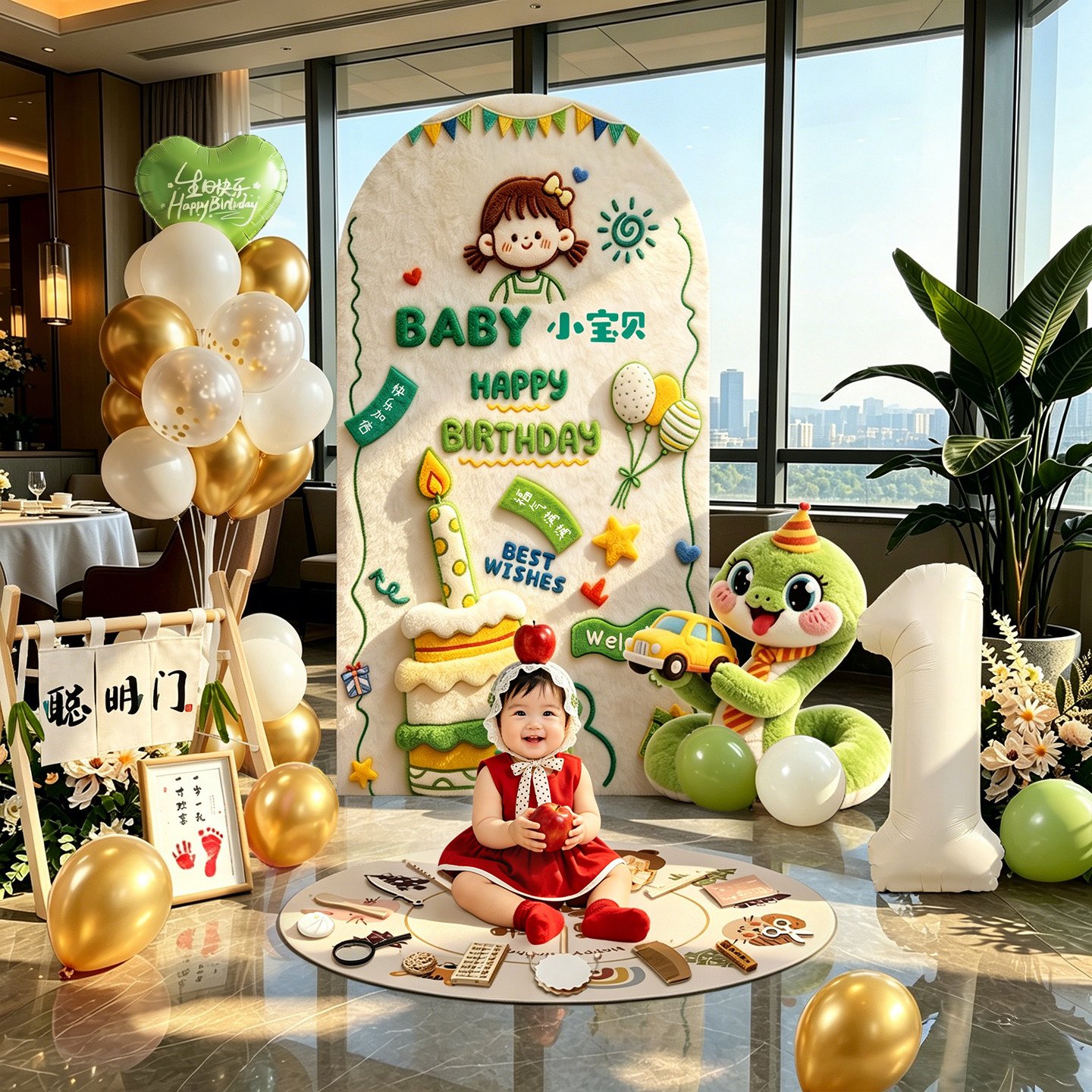 蛇宝宝一周岁宴生日场景布置装饰酒店家庭里女男孩抓周背景墙kt板