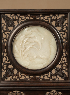 红木嵌玉雕花鸟纹插屏摆件