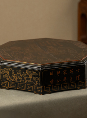 黑漆描金观画图八角盖盒