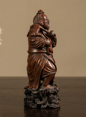 竹雕灵猴献寿老人摆件