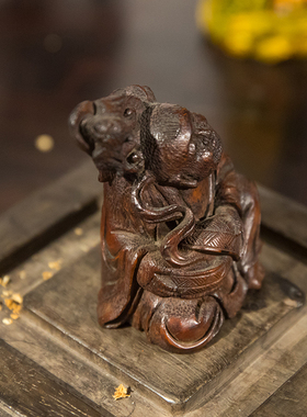 清代竹雕洪福齐天人物山子摆件老物件古玩收藏竹制艺术品中式摆件