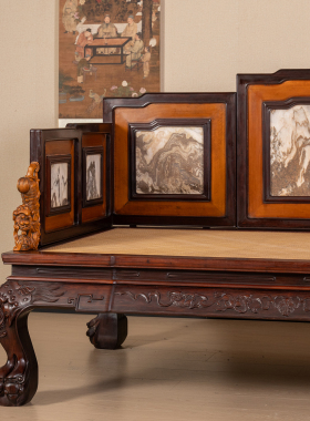 红木镶黄杨木嵌云石罗汉床