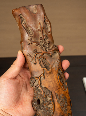 清代黄杨木雕松竹梅岁寒三友臂搁文玩古董收藏文房雅器腕枕摆件