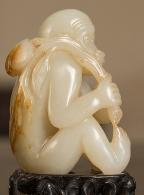 清代玉雕灵猴献寿（红木座）