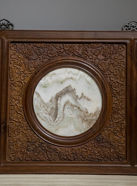 红木镶云石高浮雕博古图诗文挂屏