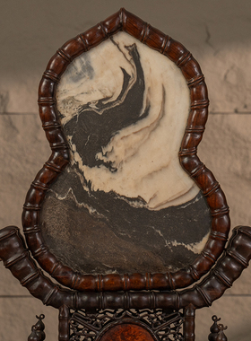 红木镶云石竹节工葫芦形插屏