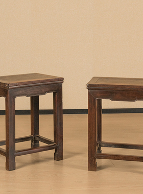 红木镶瘿木洼膛肚方凳成堂