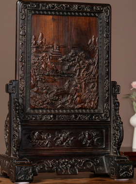 红木满工携琴访友山水人物插屏